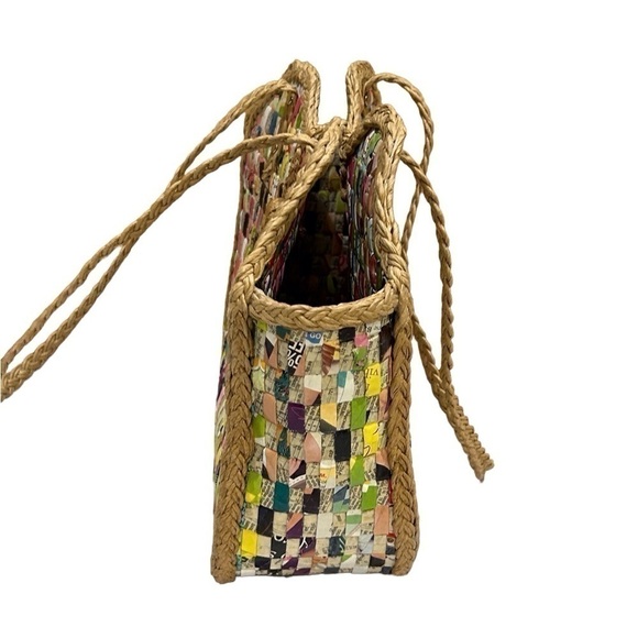 Hip Handwoven Multicolored Eco-friendly Recycled Hardshell Paper Handbag EUC - Picture 6 of 9